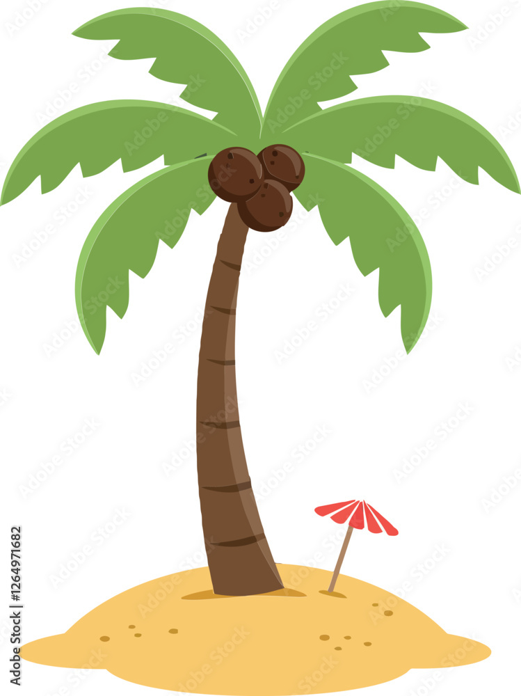 Poster lush green palm tree with coconuts on sandy island in minimal vector art style vector art