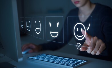Online Customer Feedback Satisfaction Survey Happy Smiley Face Digital Interface Modern Technology User Experience Evaluation Positive Review Technology Assessment Business Concept Digital Marketing  