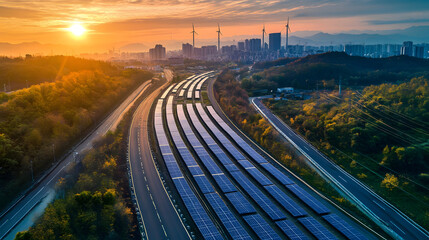 Fototapeta premium Solar Panels Power City Roads at Sunset