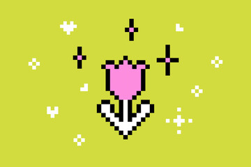 Y2k spring tulip flower emoji. Pixel art flower design element. Cute floral icon. Game abstract vector illustration. Modern geometric shape for collage sticker, poster. Mood of 90s. Green and pink