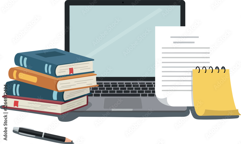 Poster computer with open screen surrounded by books, notepad, and pen in flat vector illustration