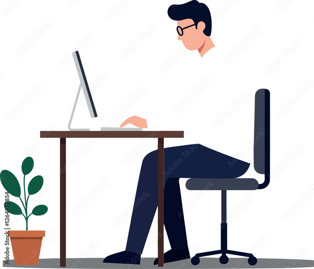 Poster person working at a desk with a computer in a minimal flat vector art style, showcasing focus and pr