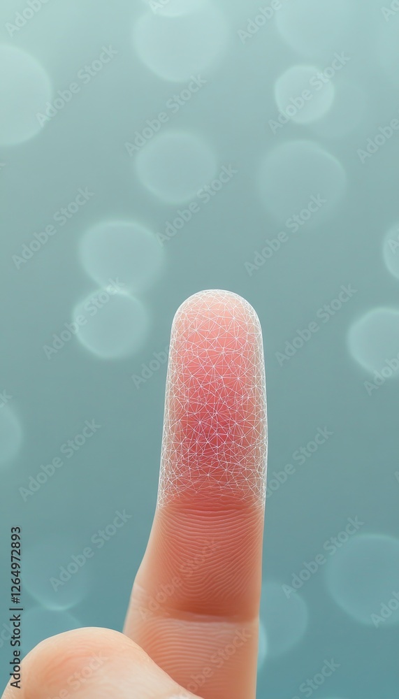 Poster close up touching connected data points with index finger, communication and technology concept