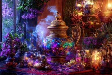 A jar filled with colorful pills and a light bulb inside