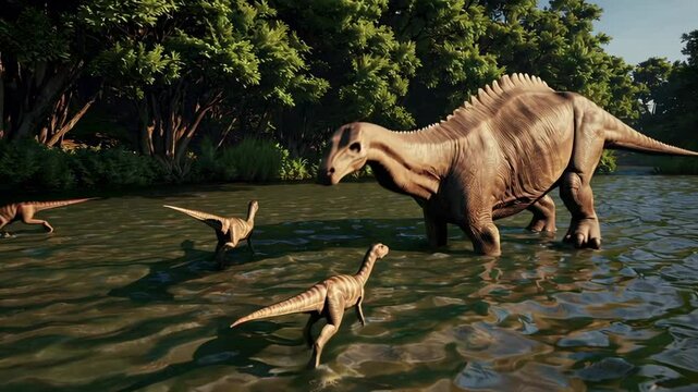 Huge brachiosaurus dinosaur wading through prehistoric river with smaller dinosaurs, creating ripples in the water in a slow motion sequence