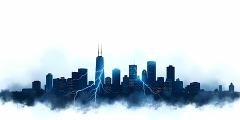 Abstract city featuring a factory and skyline with tall buildings, factory Cityscape in High Contrast 3D Style.  winter evening, sunset, snow gently falling, rainy morning text space background .