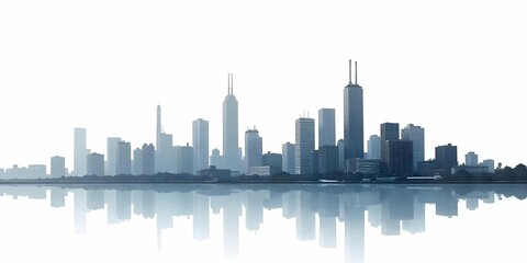 Fototapeta premium Abstract city featuring a factory and skyline with tall buildings, factory Cityscape in High Contrast 3D Style. winter evening, sunset, snow gently falling, rainy morning text space background .