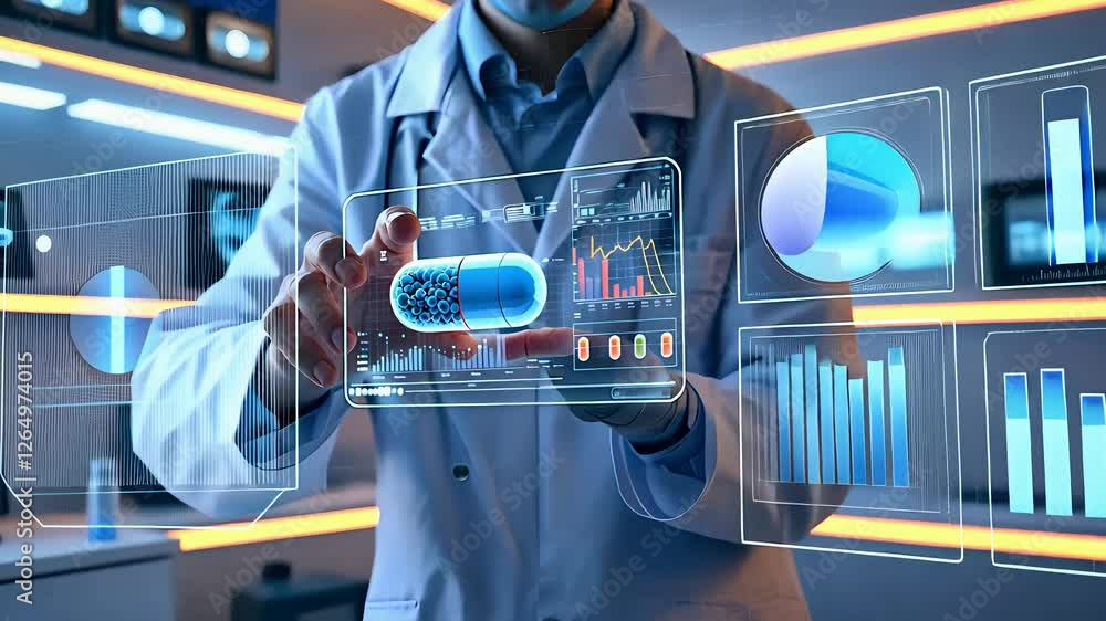 Aufkleber futuristic medical researcher analyzing a digital pill hologram in a high-tech laboratory with data 