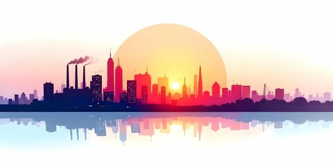 Obraz premium Abstract city featuring a factory and skyline with tall buildings, factory Cityscape in High Contrast 3D Style. winter evening, sunset, snow gently falling, rainy morning text space background .