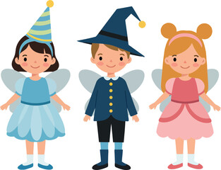 Three whimsical children in colorful costumes with wings and hats in flat vector art