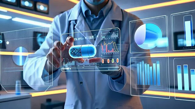 Futuristic Medical Researcher Analyzing a Digital Pill Hologram in a High-Tech Laboratory with Data Visualization

