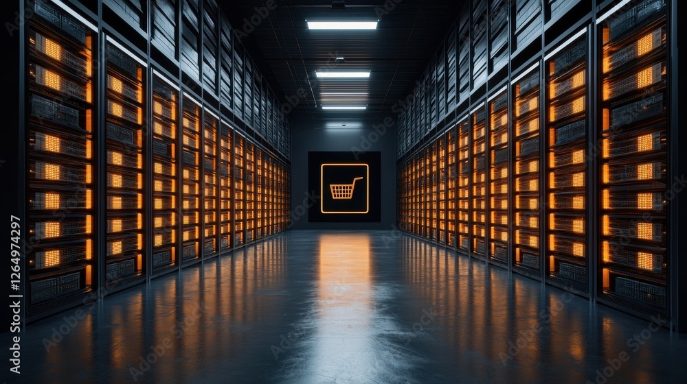 Poster futuristic smart warehouse interior featuring advanced holographic lighting automated shelving and s