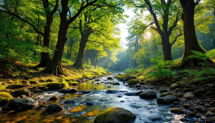Obraz premium Serene Forest Stream: A Sunlit River Pathway