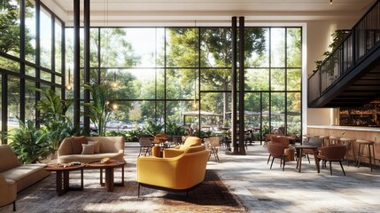 Obraz premium Modern Lobby Lounge Sunlight Greenery Relaxation