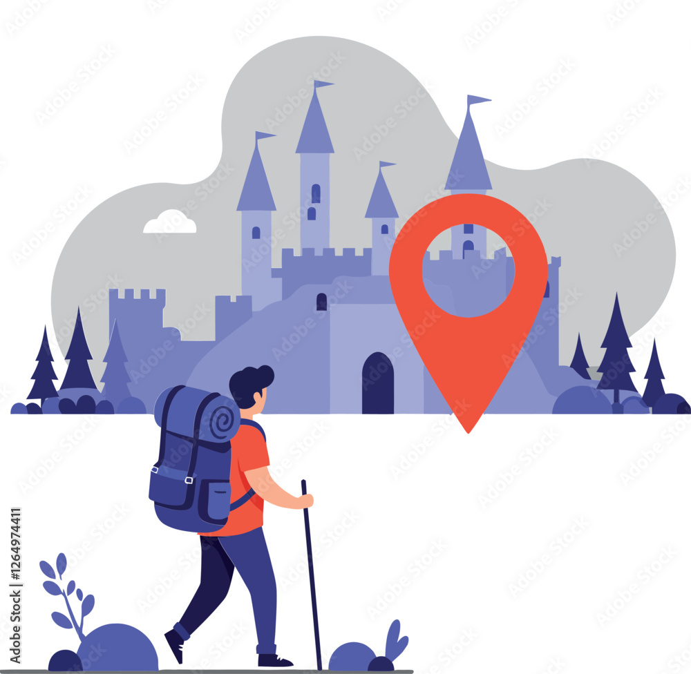 Aufkleber hiker exploring a fantasy castle with a location marker in flat vector art style