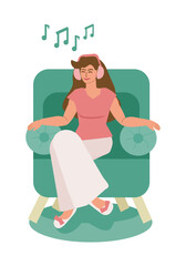 A young woman sits in a soft chair, smiles and listens to music on headphones alone. Relaxation, meditation, resting at home. Veсtor flat color illustration
