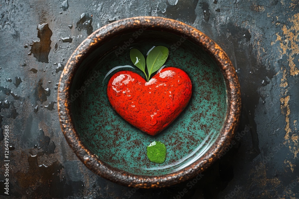 Poster the concept of love is refreshed with a drawing of rain on a grey background, accompanied by a red h