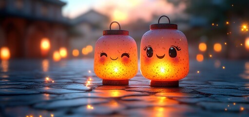 Adorable Smiling Lanterns at Dusk: A Whimsical 3D Render