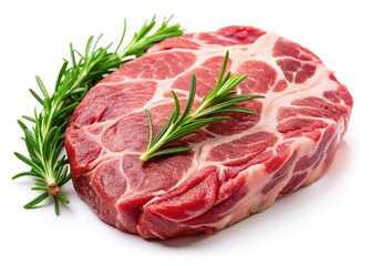 Obraz premium Raw Pork Neck Meat with Rosemary Close-Up Isolated on White Background