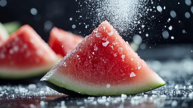 A close-up of salt being sprinkled on a slice of watermelon for extra flavor 