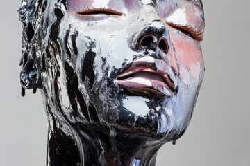 A woman's face is covered in black paint, giving it a dark