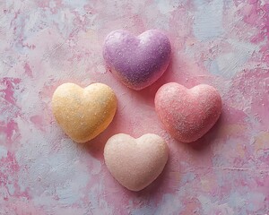 Obraz premium Pastel heart-shaped bath bombs on pink background