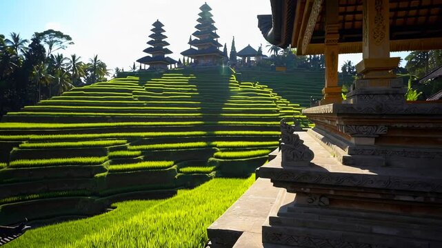Sunlight illuminates vibrant green rice terraces and pura lempuyang luhur temple in slow motion, showcasing bali's serene beauty and cultural heritage