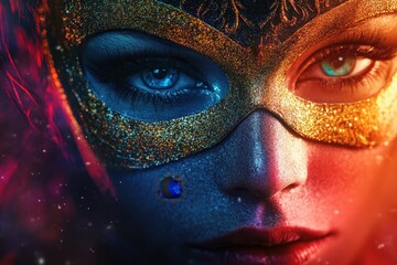 A woman's face is shown with a gold and blue mask