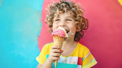 A young boy with curly hair laughs while eating an ice cream cone in the sun.
