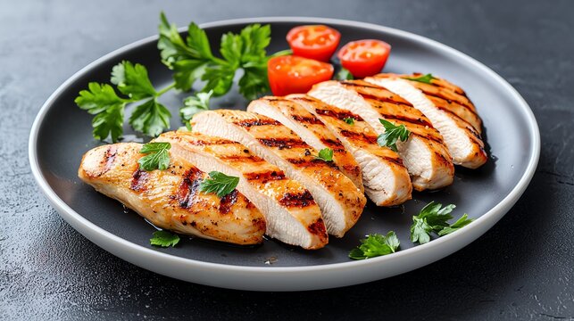 Grilled chicken breast slices on a plate with cherry tomatoes and herbs, perfect for a healthy meal.