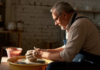 Elderly man crafting pottery in serene studio