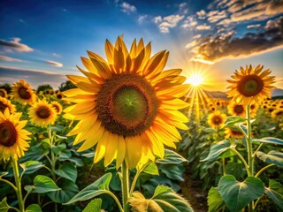 Obraz premium Stunning sunflowers ablaze in a summer landscape, bathed in golden light.