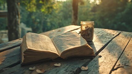 To decorate a book page in the shape of a heart for Valentine's Day, use a blurred background and a vintage color tone style, representing education and business concepts