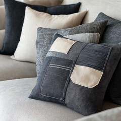 Upcycled denim decorative pillow covers with stitched pockets and patchwork details, placed on a neutral-toned sofa, blending rustic charm with contemporary design, showcasing sustainable textile 