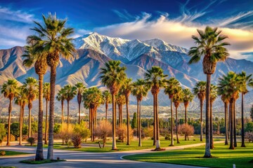 Sunny Rancho Cucamonga: panoramic views of palm trees and the soaring San Gabriel Mountains.