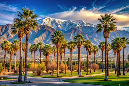 Sunny Rancho Cucamonga: panoramic views of palm trees and the soaring San Gabriel Mountains.