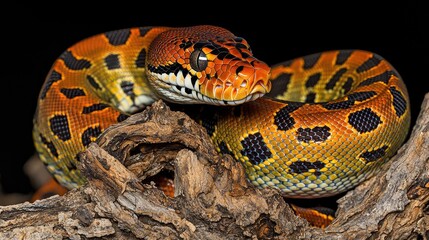 Fototapeta premium Orange snake coiled on wood, dark background; reptile pet, wildlife