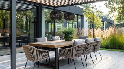Outdoor dining area with a wooden table