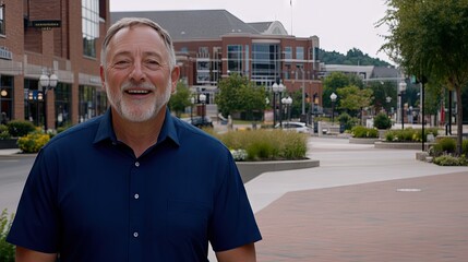 A cheerful man beams at the camera while standing in a lively urban plaza, bathed in the warmth of...