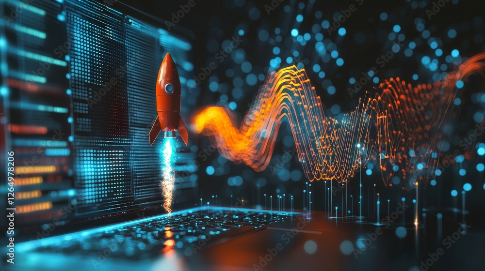 Poster this vibrant image captures a rocket launching from a laptop adorned with abstract patterns, represe