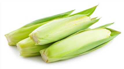 Bright and plump corn cobs nestled in their lush green husks present a bounty of summer's harvest. Ideal for grilling, boiling, or adding to savory dishes, they symbolize freshness and nourishment
