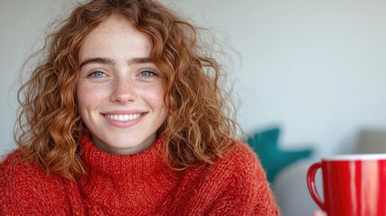 Happy woman red sweater home coffee