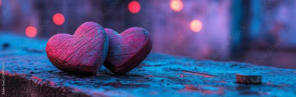 Poster valentine's day concept featuring a banner with two red hearts on a rustic table with soft lighting 