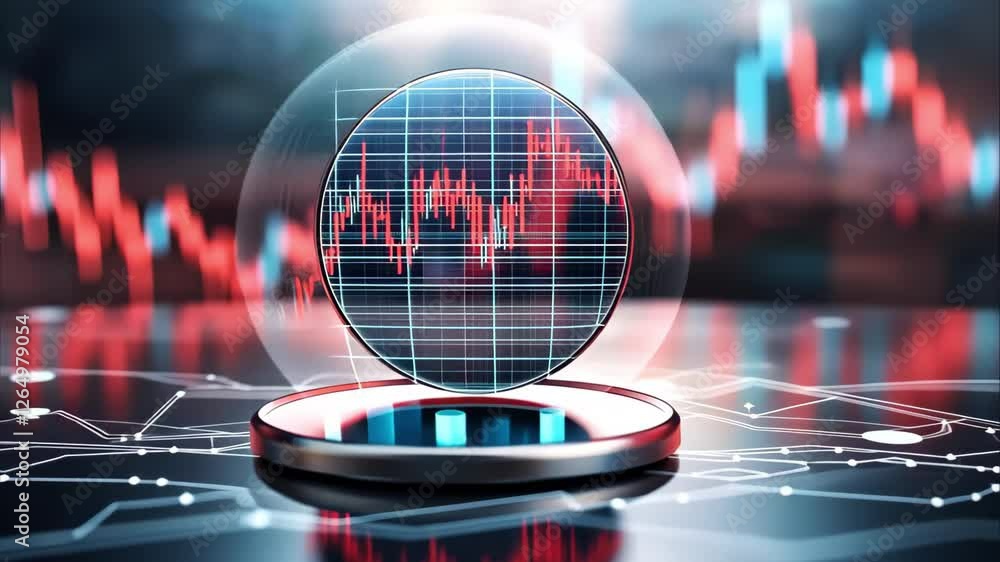 Poster a digital representation of stock market trends with a 3d chart and fluctuating red and blue lines o