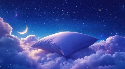 Serene Night Sky with Giant Soft Pillow Floating Among Clouds