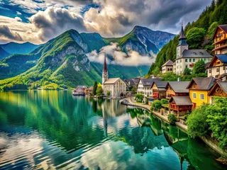  Hallstatt Lake Clouds Sky Documentary Photography AI Art, Stunning Alpine Village, Scenic Landscape © Kaveepat