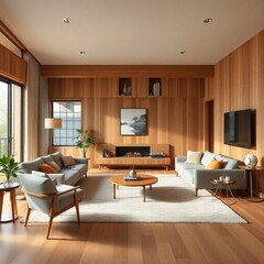 Fototapeta premium High-resolution stock photo A modern living room with a mid-century modern aesthetic, professionally photographed for commercial use. 