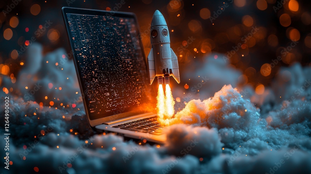 Poster a sleek rocket is launching from an open laptop, surrounded by clouds and sparks, representing the f