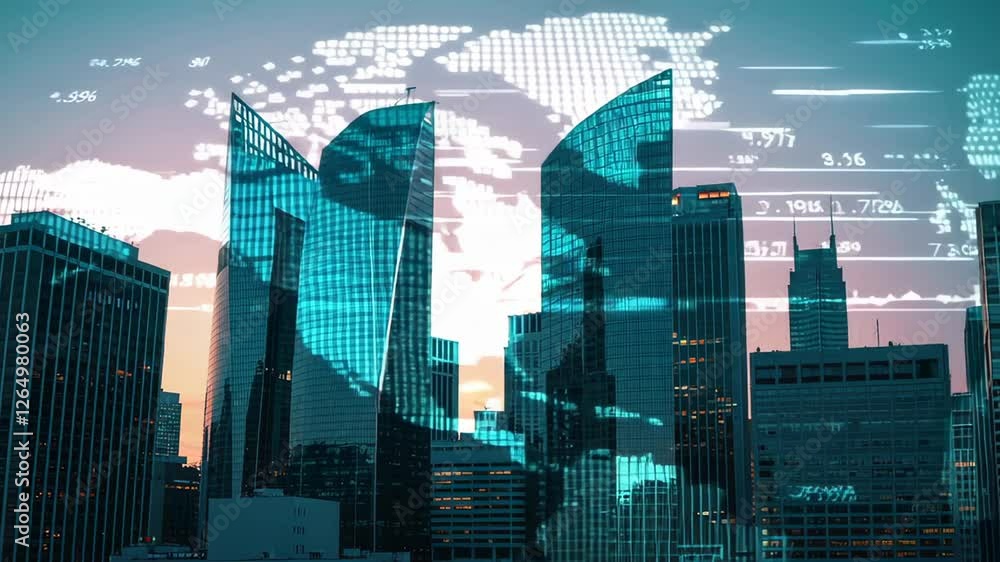 Poster animated world map and financial data overlay a modern city skyline at sunset, symbolizing global ma