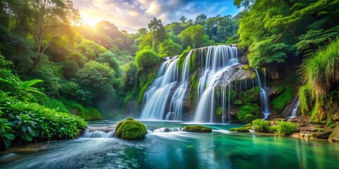 Fototapeta premium Lush Green Waterfall Panoramic: Serene Nature Escape in a National Park